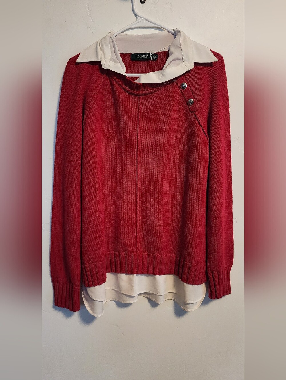Ralph Lauren Red Layered-Look Crewneck Sweater with White Shirt Trim
